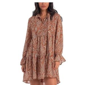 Elan NWT Paisley Dress Tie Neck Long‎ Sleeve Tiered Mini Dress Size Medium